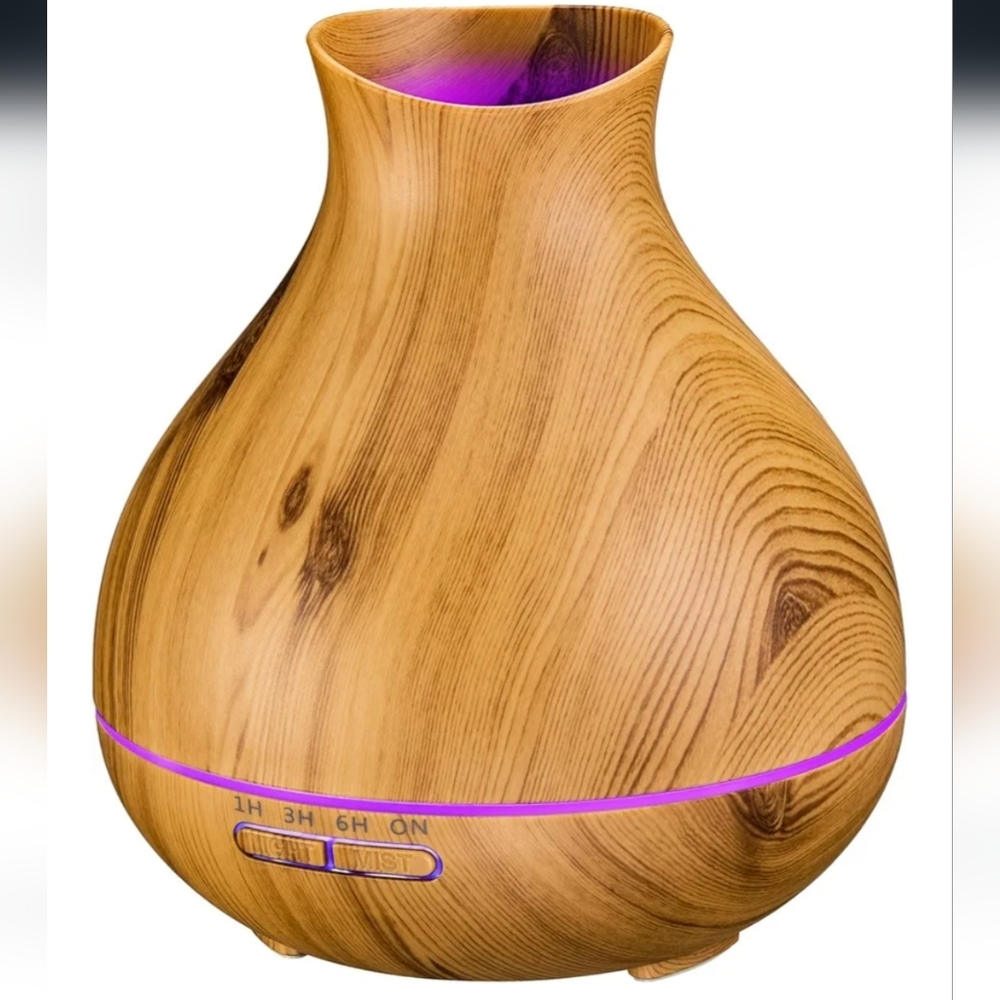Wood-Grain Ultrasonic Vase Diffuser with Purple Accent